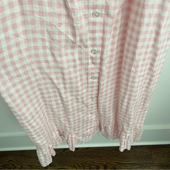 Sleeper Women’s Linen Lounge Dress Puff Sleeve Ruffle Hem in Pink Check - Picture 6 of 8